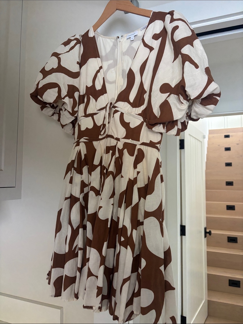 RHODE Brown & Cream Abstract Puff-Sleeve Mini Dress
